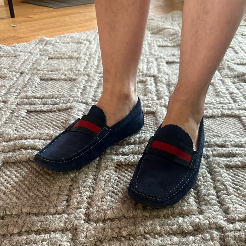 Gucci Web Slip On Suede Loafers